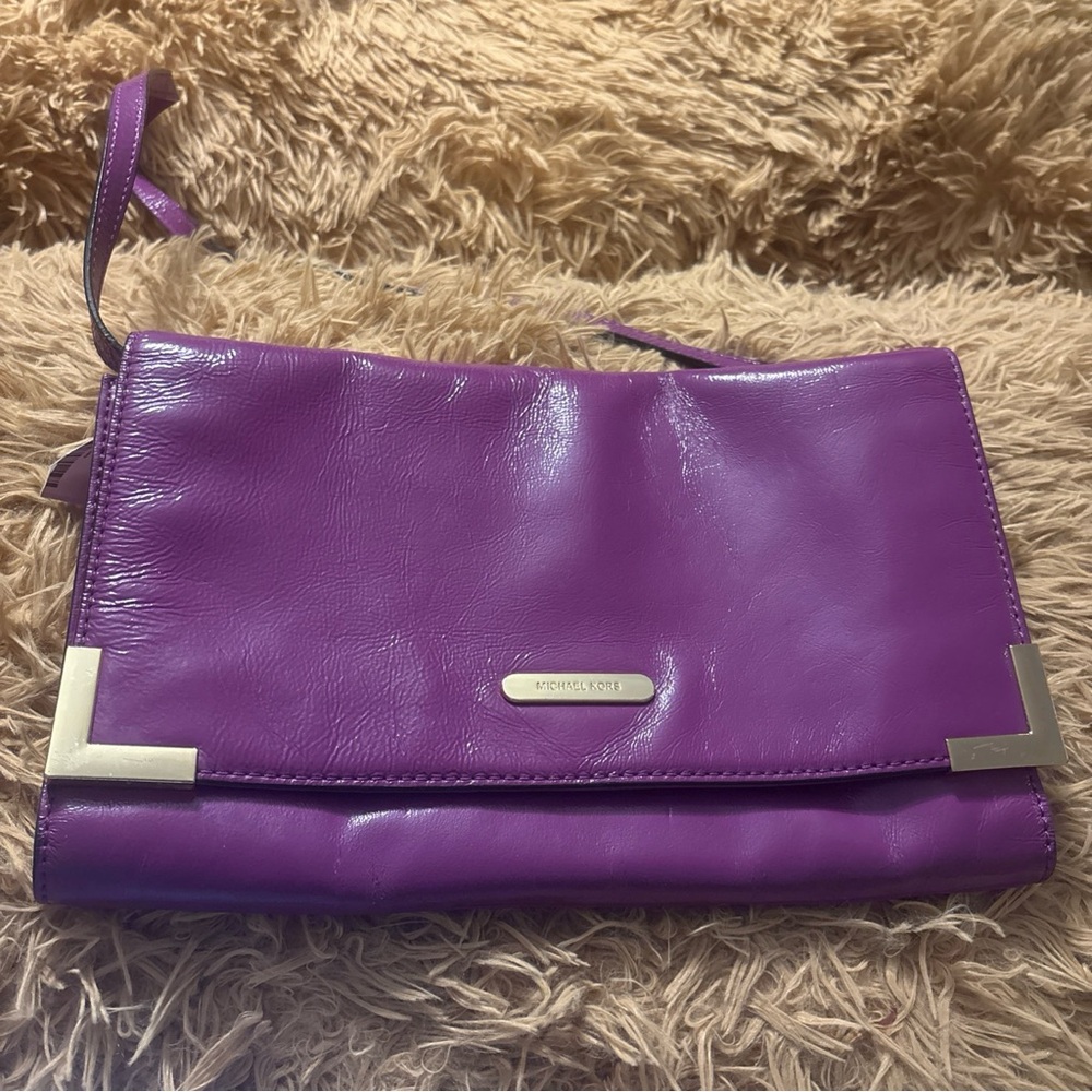 Michael Kors Purple Leather Fold-Over Wristlet Clutch with Metal Corner Accents